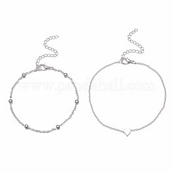 女性用ハート合金リンク二重層アンクレット  プラチナ  8-5/8~9-1/2インチ（220~240mm）  2個/セット&nbsp;FS-WGF1FB1-02