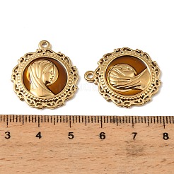 304ステンレススチールエナメルペンダント  フラットラウンド、女性用チャーム付き  18KGP本金メッキ  イオンプレーティング（ip）  サドルブラウン  25x22x3mm  穴：1.6mm&nbsp;STAS-I371-22G-03