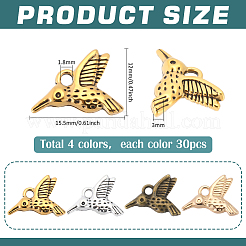 120本4色合金ペンダント  鳥のチャーム  ミックスカラー  12x15.5x3mm  穴：1.8mm  30個/カラー&nbsp;FIND-PH0029-32