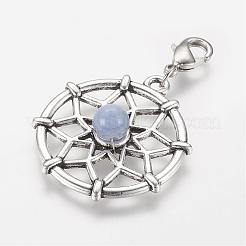 チベットスタイルの合金の宝石のペンダント  真鍮カニカン付き  花付きフラットラウンド  42mm&nbsp;PALLOY-JF00326