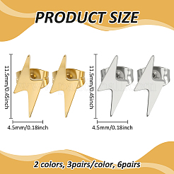 6ペア2色304ステンレススチールスタッドピアス  稲妻  ミックスカラー  11.5x4.5mm  3pairs / color&nbsp;EJEW-GO0002-27