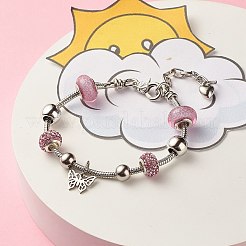 201 ステンレススチール バタフライ チャーム ヨーロピアン ブレスレット スネーク チェーン付き  女性用プラスチック＆合金＆アクリルビーズブレスレット  パールピンク  7.87インチ（20cm）&nbsp;BJEW-JB08044-01