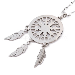 Non-Tarnish Woven Net/Web with Feather 201 Stainless Steel Boho Pendant Necklaces for Women&nbsp;NJEW-G087-08P