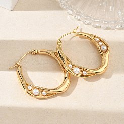 304ステンレススチール＆ABS樹脂製パールフープピアス  PVD真空メッキ  ナゲット  ゴールドカラー  31x32x5mm&nbsp;SA-CBA2696-31G