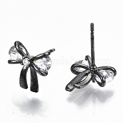 真鍮製スタンドピアス  クリアキュービックジルコニア  ニッケルフリー  蝶結び  ガンメタ色  9.5x9.5mm  ピン：0.7mm&nbsp;KK-T062-44B-NF