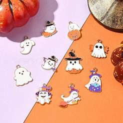 10pcs10スタイルハロウィーンテーマ合金エナメルペンダント  ゴーストチャーム  ミックスカラー  17~26x14.5~19x1~1.5mm  穴：1.5~2mm  1個/スタイル&nbsp;ENAM-FS0003-86