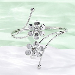 女性用フラワー合金アームカフバングル  ラインストーン付き  プラチナ  内径：3-1/4インチ（8.2cm）&nbsp;LS-AJEW-A063-01E-P