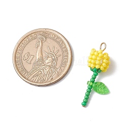 グレードA 丸型ガラスシードビーズ アクリルフラワーチャーム  304ステンレス鋼フラットヘッドピン  きいろ  28.5x13x10mm  穴：3mm&nbsp;PALLOY-MZ00690-01