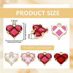 8Pcs 4 Colors Brass Pave Cubic Zirconia Heart Charms&nbsp;ZIRC-BC0001-30