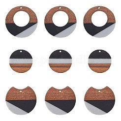 三色の樹脂と木製のペンダント  フラットラウンド  ミックスカラー  38x3~3.5mm / 34x36.5x3.5mm / 28x3.5mm  穴：2mm  12個/箱&nbsp;RESI-CJ0001-15