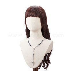 天然溶岩とガラスパールのロザリオビーズネックレス  女性のための合金聖母マリア & クロス ペンダント ネックレス  マリンブルー  25.20インチ（64cm）&nbsp;NJEW-TA00041-03