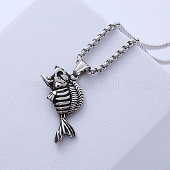 Vintage Punk 304 Stainless Steel Skeleton Fish Pendant Necklaces for Hip-hop Streetwear&nbsp;PZ9152