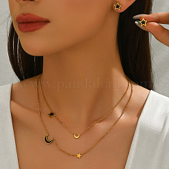 Stainless Steel Cubic Zirconia Star Moon Stud Earrings & Double Layer Necklaces Sets&nbsp;MH5763
