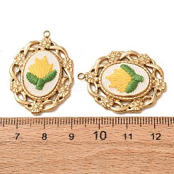 304ステンレススチールと布刺繍のペンダント  オーバル フラワーチャーム付き  イオンプレーティング（ip）  長持ちメッキ  18KGP本金メッキ  きいろ  33.5x25x3.5mm  穴：1.9mm&nbsp;FB-CBAFBAF-12G-02