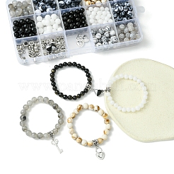 DIY Alloy & Round Natural White Jade & Obsidian & Crackle Agate & Synthetic Howlite Beads Couple Bracelets Jewelry Making Kits&nbsp;DIY-FS0007-49