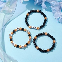 3Pcs 3 Styles Halloween Themed 8mm Round Glass Pearl Beaded Stretch Bracelet Sets&nbsp;BJEW-JB10849