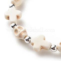 Synthetic Turquoise(Dyed) Cross & Skull Beaded Stretch Bracelet&nbsp;BJEW-JB08449-01