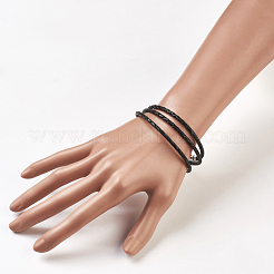 レザー編組コードラップブレスレット/ネックレス  3つのループ  304ステンレススチール製マグネット式ネジ留め具付き  コラム  ブラック  22.8インチ〜23インチ（58~58.5cm）  3mm&nbsp;BJEW-JB03919-01