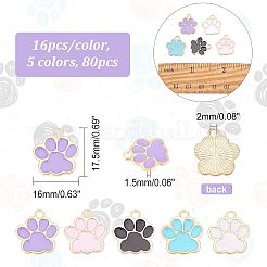 80本5色合金エナメルペンダント  カドミウムフリー＆鉛フリー  犬の足跡  ミックスカラー  17.5x16x1.5mm  穴：2mm  16個/カラー&nbsp;ENAM-FH0001-35