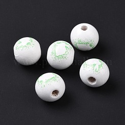 イースターのテーマ プリント ウッド ヨーロピアン ビーズ  大穴ビーズ  うさぎ柄の丸  薄緑  16x14.5mm  穴：4mm&nbsp;WOOD-C002-10B