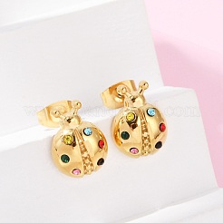 304ステンレススチールラインストーンスタッドピアス  イオンプレーティング（ip）  てんとう虫  14KGP本金メッキ  13.5x10mm&nbsp;EJEW-G423-19G