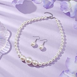 女性用ラウンド ABS プラスチック模造真珠ビーズネックレスとダングルピアスセット  304ステンレススチールピアスフック付き  乳白色  421x10mm&nbsp;SJEW-JS01305
