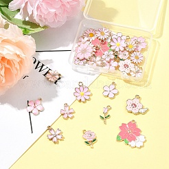 合金エナメルチャーム  花のチャーム  ライトゴールド  ピンク  14~24x10~25.5x1~4mm  穴：2mm  30個/セット&nbsp;FIND-FS0003-97