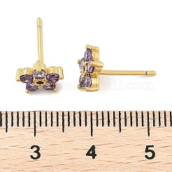 真鍮製マイクロパヴェキュービックジルコニアスタッドピアス  鉛フリー＆カドミウムフリー  長持ちメッキ  ラックめっき  18KGP本金メッキ  花  8x8mm&nbsp;EJEW-R016-26G-12