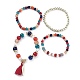 多層ストレッチブレスレットセット  積み重ね可能なブレスレット  アクリルビーズで  金メッキ合金のパーツとヤーンタッセルペンダント  カラフル  内径：1-7/8~2-1/8インチ（4.9~5.4cm）  4個/セット&nbsp;BJEW-H533-02C-3