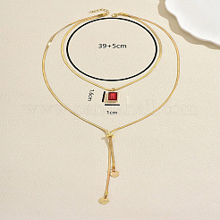 Adjustable 304 Stainless Steel Pave Cubic Zirconia Red Rectangle Pendant Double Layer Lariat Necklaces for Women&nbsp;TF2778