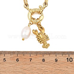 オーシャン304ステンレススチール製ロブスターと天然パールビーズのペンダント、フィガロチェーンネックレス（女性用）  ホワイト  イオンプレーティング（ip）  ゴールドカラー  17.52インチ（44.5cm）&nbsp;NJEW-JN06326