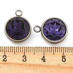 304ステンレススチールガラスラインストーンチャーム  多面カット  フラットラウンド  インディゴ  14x10x7mm  穴：2.5mm&nbsp;STAS-E052-56A