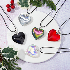 5Pcs 5 Colors Heart Glass Pendant Necklaces Set with Waxed Cord for Women&nbsp;NJEW-FI0001-05