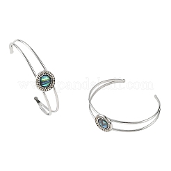 Natural Paua Shell Flat Round 304 Stainless Steel Open Cuff Bangles&nbsp;BJEW-JB14372-02