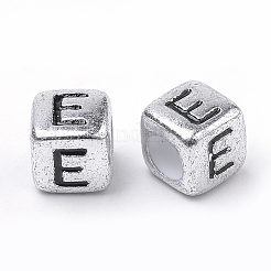 メッキアクリルビーズ  水平穴  文字付きのキューブ  アンティークシルバー  文字.e  6mm  穴：3mm&nbsp;X1-PB43C9308-E