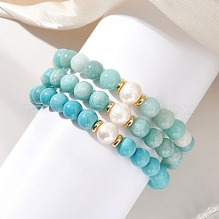 3Pcs Round Natural Amazonite & Synthetic Turquoise & Pearl Beaded Stackable Stretch Bracelets Sets&nbsp;BJEW-JB12991
