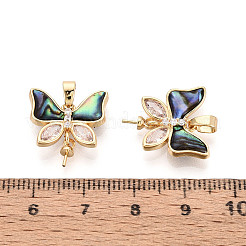 真鍮、キュービックジルコニア、アワビ貝のカップ、パール、ペグ、ベイル、ピンペンダント  蝶  片穴パーツ用  18KGP本金メッキ  ブラック  18x16x3.5~4mm  穴：5x3mm  ピン：0.5mm&nbsp;KK-T079-42G