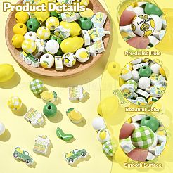 レモンをテーマにしたプリントの木製ビーズ  混合図形  9~24.5x12.5~24x4.5~19.5mm  穴：1.8~5mm  100個/セット&nbsp;WOOD-CJ0002-75