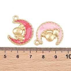 合金エナメルチャーム  ウサギのチャームが付いた月  ゴールドカラー  ミックスカラー  26x21.5x2.5mm  穴：2mm&nbsp;AL-CBAAE77-02