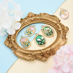 5個 5スタイル フラワーラック メッキ合金エナメルペンダント  abs模造パール＆レジン  カドミウムフリー＆ニッケルフリー＆鉛フリー  ライトゴールド  ミックスカラー  21~31x15.5~21x3~5.5mm  穴：1.8~2.2mm  1個/スタイル&nbsp;ENAM-FP0001-40
