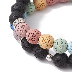 2pcs 2 Styles 8mm Round Dyed Natural Lava Rock & Shell Pearl Beaded Stretch Bracelet Sets&nbsp;BJEW-JB10318
