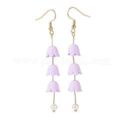 アクリル製の花とプラスチック製のパールのロング ダングル イヤリング  女性用金メッキ 304 ステンレススチールジュエリー  ライラック  80mm  ピン：0.6mm&nbsp;EJEW-JE04941-01