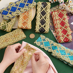 14ヤード 7色 ポリエステル刺繍メッシュレースリボン  菱形レーストリム、スパンコール付き  服装アクセサリー  ミックスカラー  2-3/8インチ（60mm）  2ヤード/カラー&nbsp;OCOR-PH0002-42