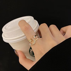 女性用真鍮マイクロパヴェクリアキュービックジルコニアオープンカフリング  月＆星  ゴールドカラー  内径：16~19mm&nbsp;FS-WGCF28E-01