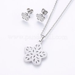304ステンレススチールジュエリーセット  スタッドピアスとペンダントネックレス  花  ミックスカラー  ネックレス：17.7インチ（45cm）  スタッドピアス：9x9.5x1.2mm  ピン：0.8mm&nbsp;SJEW-O090-04