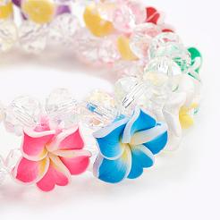 Ab色のメッキガラスビーズマルチ連のストレッチブレスレット  花のポリマー粘土ビーズ  多面カットラウンド  カラフル  2インチ（50mm）&nbsp;BJEW-JB03308