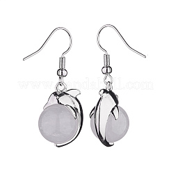 Natural Quartz Crystal Dolphin Dangle Earrings with Crystal Rhinestone&nbsp;EJEW-A092-20P-01
