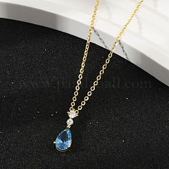 925 Sterling Silver Sapphire Rhinestone Teardrop Pendant Necklace for Women&nbsp;NJEW-V013-01G