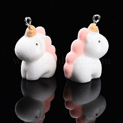 プラチナ鉄ループ付きフロッキーアニマ樹脂ペンダント  ユニコーン  28~29x13.5x23mm  穴：2mm&nbsp;FIND-S001-13A