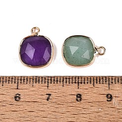 天然石&合成ミックスストーンペンダント  スクエアチャーム  明るい金色の真鍮のパーツと  多面カット  染めと未染色の混合  14~15x11~12x4~5mm  穴：1.5~1.6mm&nbsp;G-Q606-33KCG